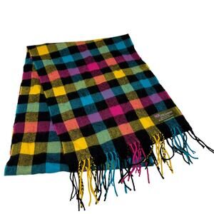 Cashmere Rainbow Checker Scarf Fringe Winter Knit Black Blue Gold